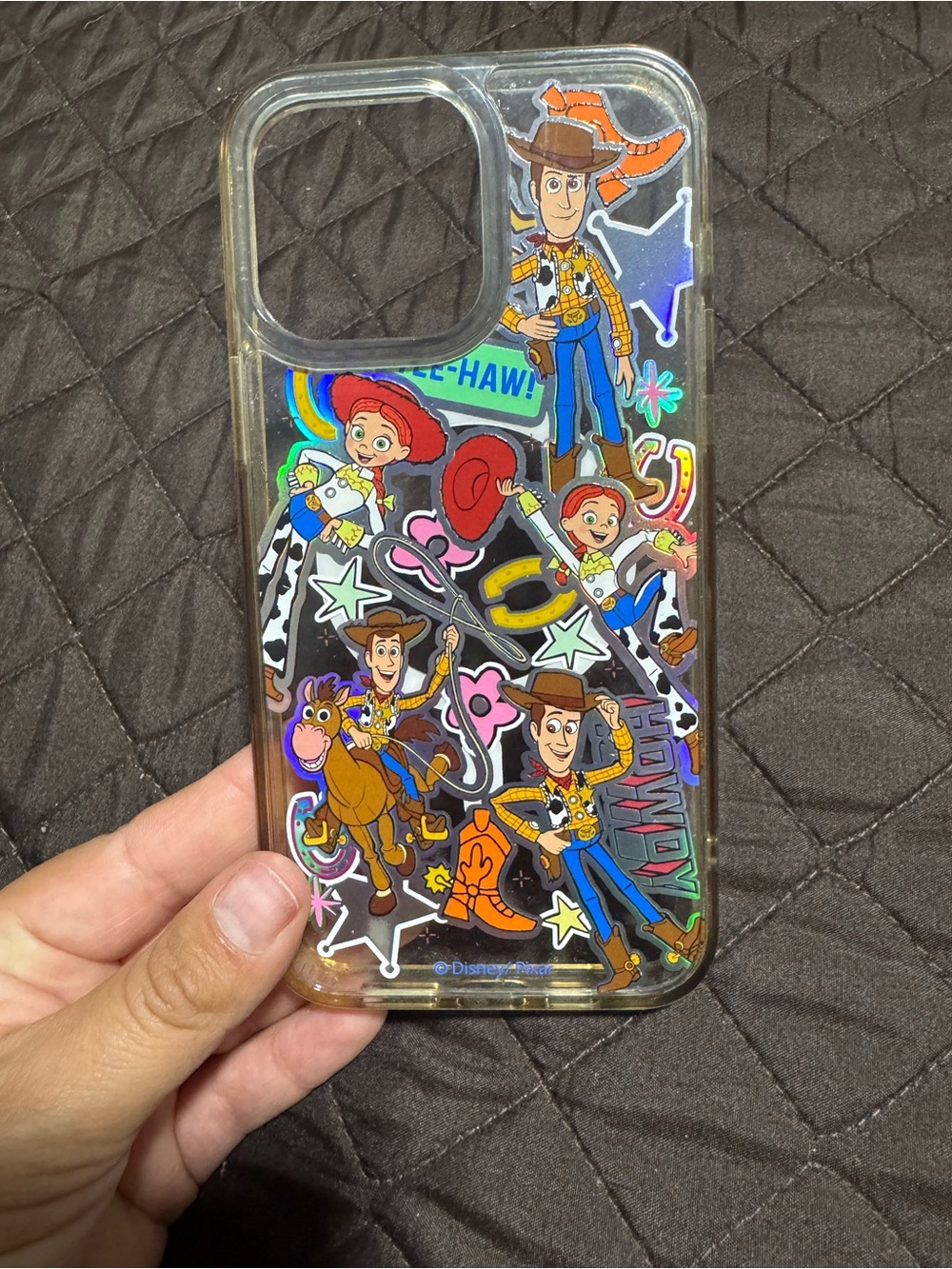 Disney Clear Holographic Toy Story Woody Sticker Phone 15 promaxCase - Multicol